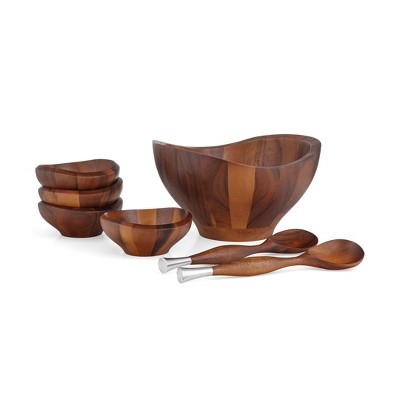 Nambe Solstice 7 Piece Salad Set, Made From Premium Acacia Wood, Salad Bowl with Servers & 4 Individual Bowls