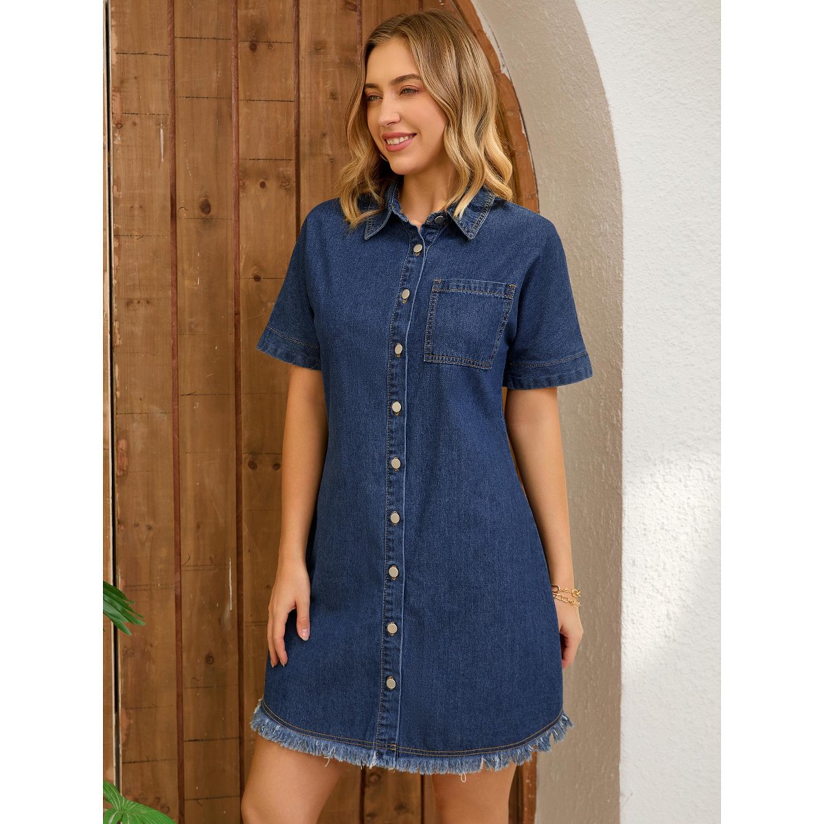 Женские платья INSPIRE CHIC Women's Denim Button Front Frayed Hem Collared Short Sleeve Jean Shirt Dress 2 Packs Dark Blue/Black X-Large — фото 2