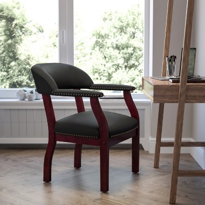 Elegant Black Vinyl and Wood Office Chair with Brass Nail Trim