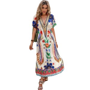 Slickblue Women Flowy Floral Midi Dress Deep V Neck Batwing Sleeve, Casual Summer Vacation Outfit, Multicolor, XL