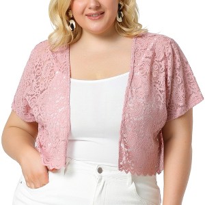 Agnes Orinda Women's Plus Size Short Sleeve Open Front Crochet Lace Allover Cropped Cardigan - 1 of 4