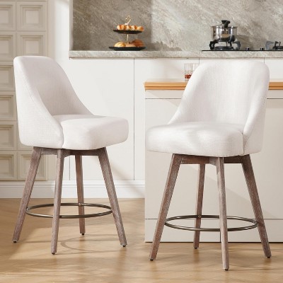 Bekrvio 26" Swivel Bar Stools Set 1/2/3/4 with Solid Wood Legs, 3.15” Linen Upholstered Seat with Back, Mid-Century Bar Chairs for Kitchen Island