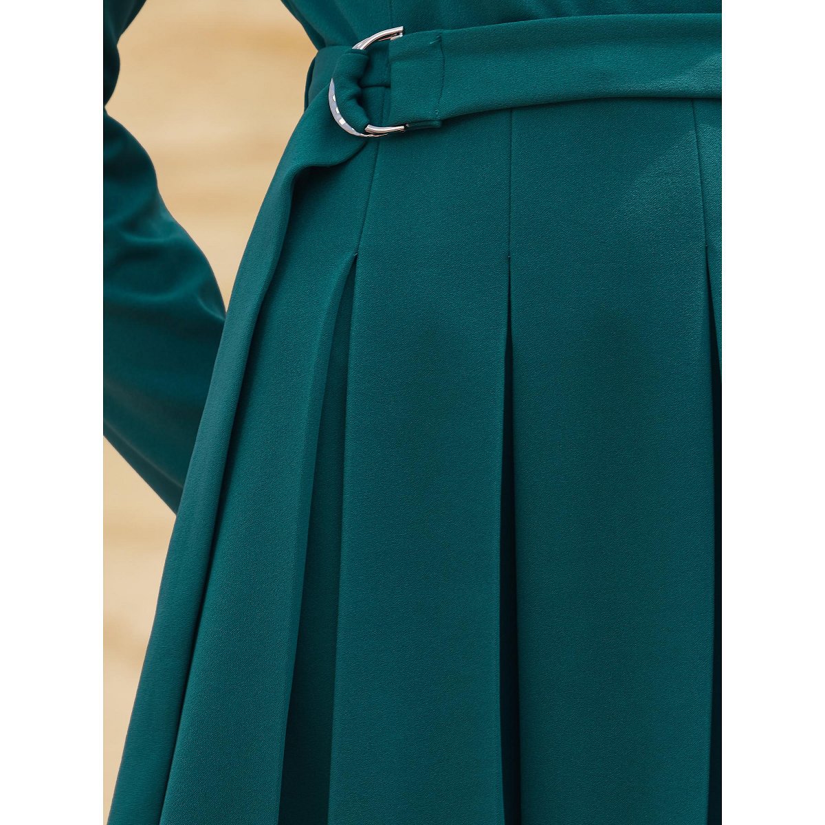 Женские платья INSPIRE CHIC Women's Long Sleeve Pleated Crew Neck Belted Office Work A-Line Dress Blue Green X-Large — фото 4