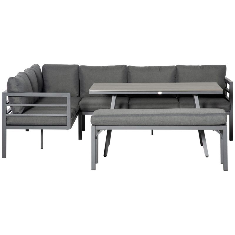 Outsunny 4 Piece Patio Furniture Set, Outdoor L-Shaped Sectional Sofa with 2 Couches, Bench, Dining Table, Cushions, Aluminum Conversation Set, Gray, 4 of 7