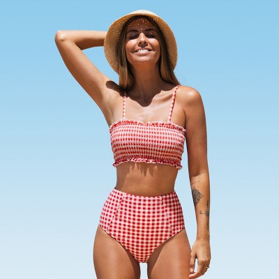 Women's Red Gingham Smocked Bikini - Cupshe - Red/white : Target