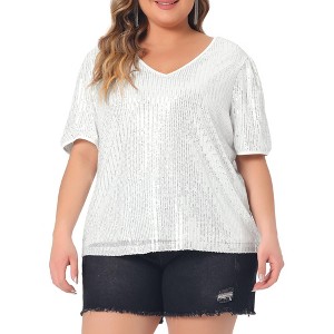 Agnes Orinda Women's Plus Size Sequin Sparkly V Neck Short Sleeve Casual Summer Blouses - 1 of 4