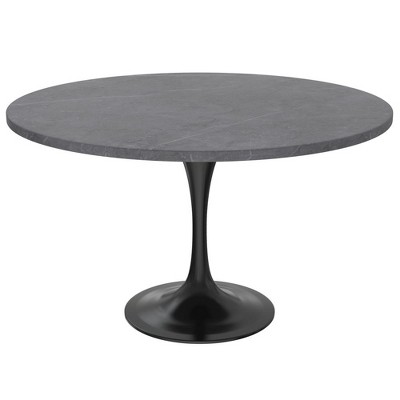 LeisureMod Verve Modern 48" Round Dining Table with Sintered Stone Tabletop in Black Stainless Steel Pedestal Base