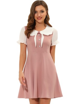INSPIRE CHIC Women's Bowtie Neck Contrast Color A-Line Doll Collar Dress