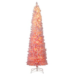 6ft Pink Pencil Christmas Tree, 392 Snow-Flocked Tips, 140 Warm White LEDs (8 Modes) w/ Flame-Resistant PVC - 1 of 4