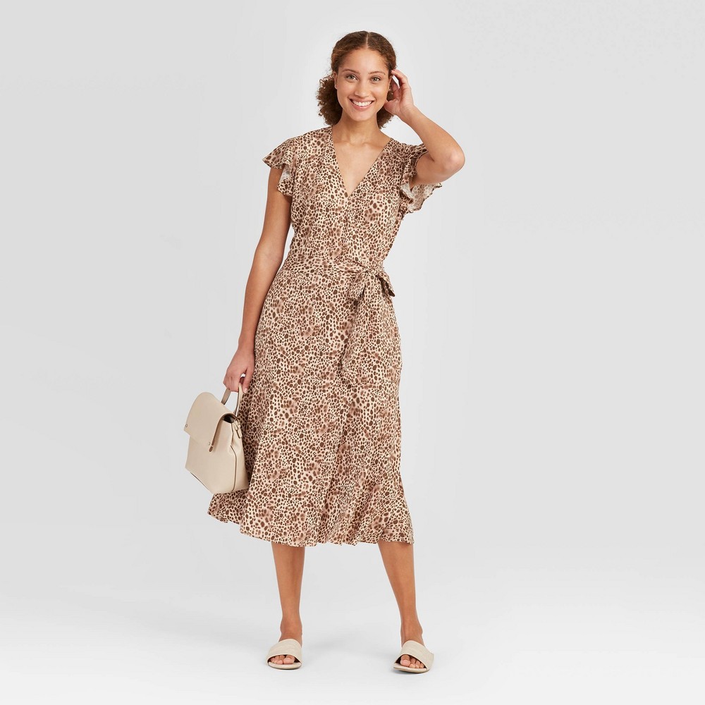 Women's Animal Print Flutter Short Sleeve Wrap Midi Dress - A New Day Brown XXL was $27.99 now $19.59 (30.0% off)