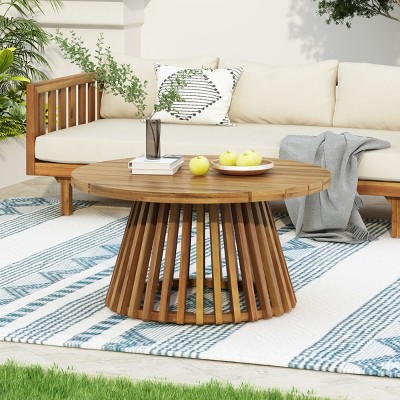 31" Acacia Wood Patio Coffee Table,Outdoor Round Coffee Table With Slatted Base,Wooden Accent Dining Table For Garden Backyard-Coolbibila