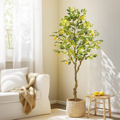 homfan Artificial Lemon Tree, Fake Lemon Plant with Lights, Faux Lemon Tree with Realistic Trunk and Fruits