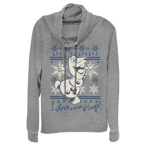 Juniors Womens Frozen Christmas Warm Hugs Cowl Neck Sweatshirt - 1 of 3