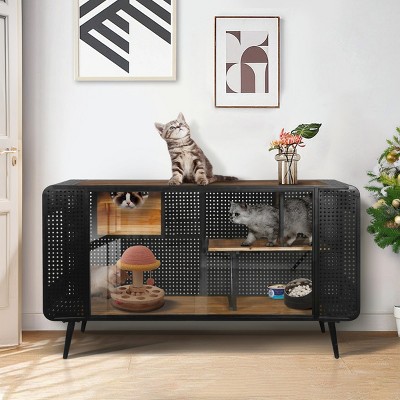 LAOTIES 55" Modern Cat House and Litter Box Enclosure with Tempered Glass Doors,Wooden Shelves and Ventilated Iron Frame