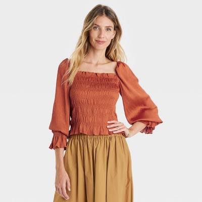 Women&#39;s Puff Long Sleeve Slim Fit Smocked Top - A New Day&#8482; Orange XL