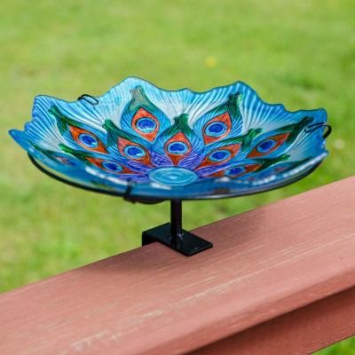 Turquoise Glass Bird Bath with Stand and Deck Clamp