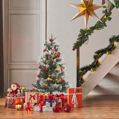 3ft Pre-Lit Mini Christmas Tree, Tabletop Artificial Xmas Tree with 78 Led Lights, Snow Flocked or Nordic Spruce, For Home and Office
