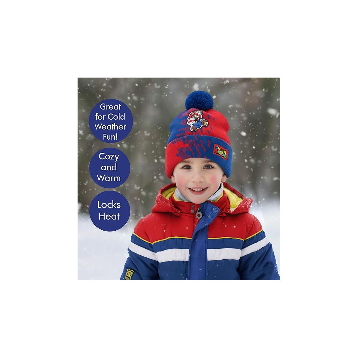 Super Mario Kids Winter Hats -  Cute Warm Pom Pom Beanie for Boys Ages 4-14 Cold Weather Hat - thumbnail 4