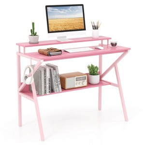 Costway Home Office Desk with Monitor Stand, Open Shelf & Metal Frame, Earphone Hook White/Brown/Black/Pink - 1 of 4