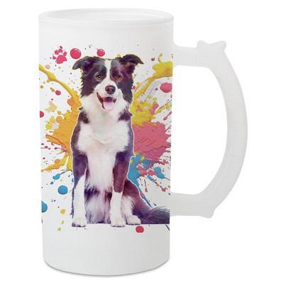 100 North Freezable Beer Stein Mug With Thumb Grip Handle, 16 Ounce Frosted Glass, Border Collie Dog Paint Splatter