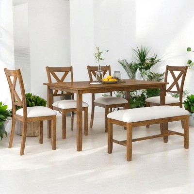 6-Piece Dining Table Set with Rectangular Wooden Table, 4 Upholstered Chairs and Bench, Solid Wood Frame for Kitchen and Dining Room