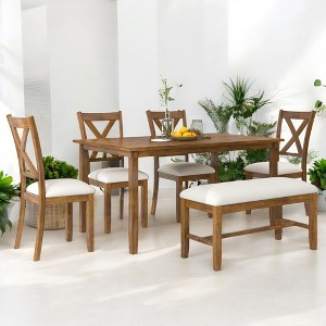 6-Piece Dining Table Set with Rectangular Wooden Table, 4 Upholstered Chairs and Bench, Solid Wood Frame for Kitchen and Dining Room - 1 of 4