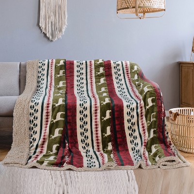 Reversible Reindeer Sherpa Fleece Twin Blanket, 60" x 80"