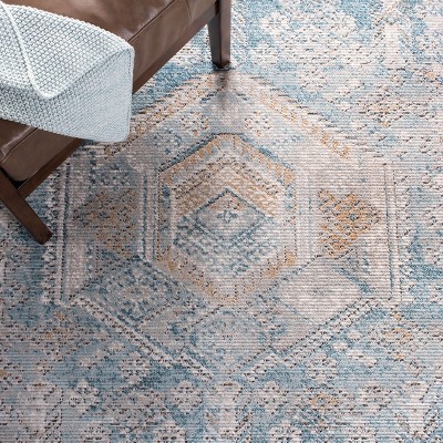 Shivan Blue and Gold Hand-knotted Abstract Runner Rug