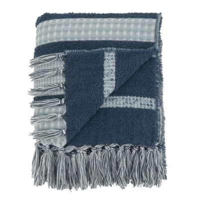 Blue and Gray Knitted Reversible Throw Blanket with Fringe