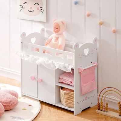 ROBOTIME Doll Furniture Doll Crib Changing Table, Wooden Doll Bed with Storage, Pretend Play Furniture, Gift for Girl, White, 10.8"*22"*21.3"