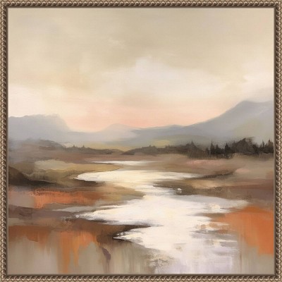 Peaceful Earth Tones River View Canvas Print with Brown Frame
