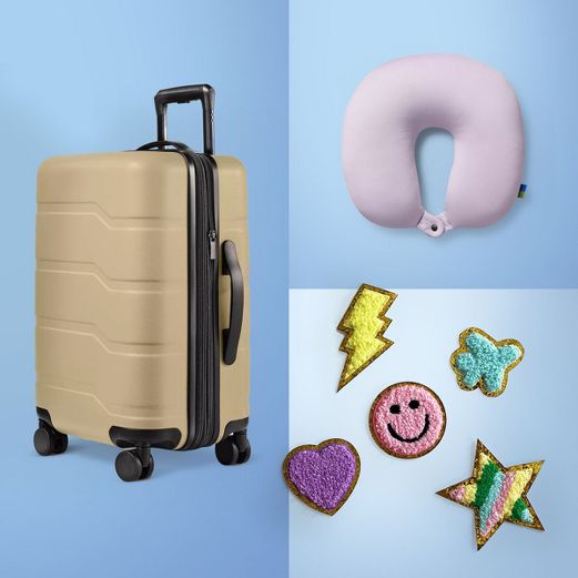 Beige Hardside Carry On Spinner Suitcase, Lavender travel pillow and Roll Rider Luggage Tags