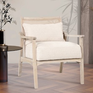 Mid-Century Natural Lumbar Pillow Linen With Solid Wood Legs Accent Chair With Retro Round Rattan Back Arm Pads Accent Side Chairs-Maison Boucle - 1 of 4