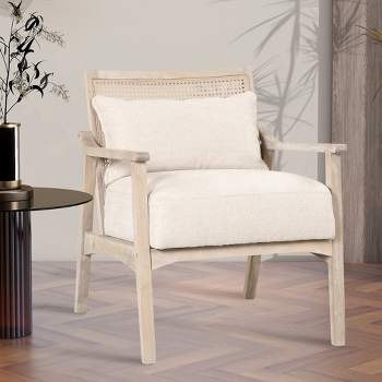 Mid-Century Natural Lumbar Pillow Linen With Solid Wood Legs Accent Chair With Retro Round Rattan Back Arm Pads Accent Side Chairs-Maison Boucle