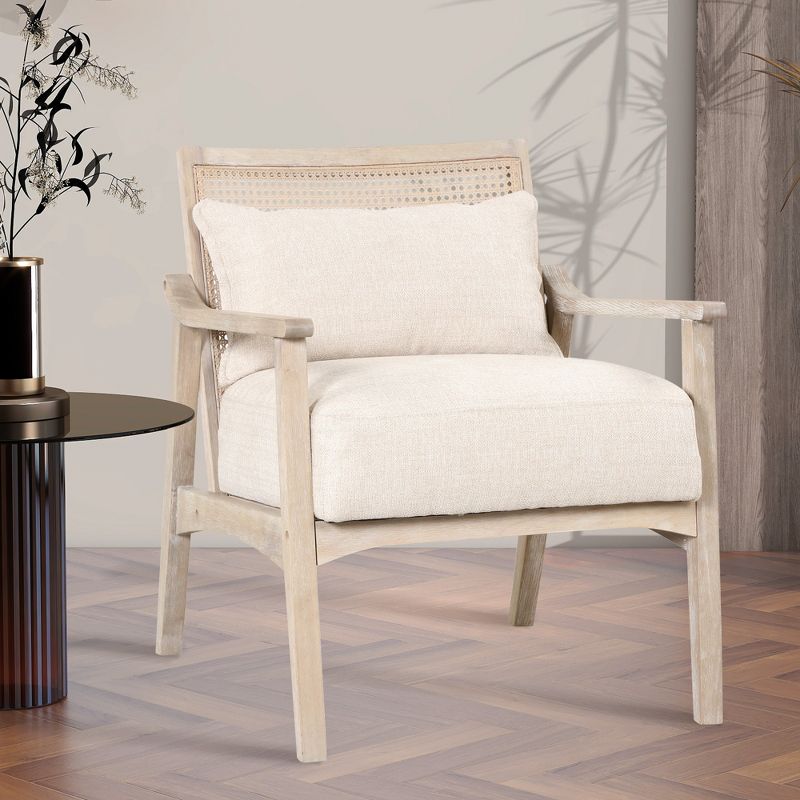 Mid-Century Natural Lumbar Pillow Linen With Solid Wood Legs Accent Chair With Retro Round Rattan Back Arm Pads Accent Side Chairs-Maison Boucle, 1 of 9