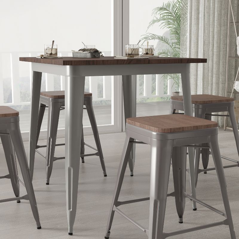 Merrick Lane Set of 4 24 Inch Tall Clear Coated Gray Metal Bar Counter Stool With Textured Walnut Elm Wood Seat, 4 of 6