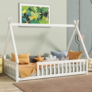 Okak Twin/Full Tent-shaped Floor Platform Bed with Guardrails/Door,Solid Wood Bed Frame for Kids,Teens,No Spring Box Needed - 1 of 4