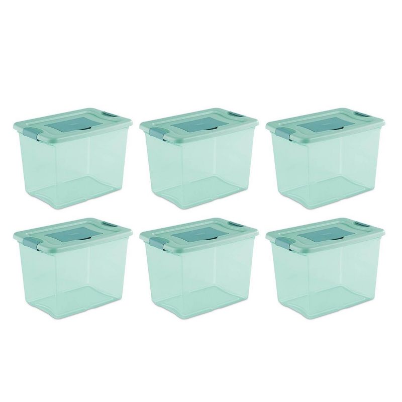 Sterilite 25 Quart Fresh Scent Latching Storage Box, Stackable Bin with Latch Lid, Plastic Container to Organize Home Basements, Closets, Aqua, 6 Pack, 1 of 7