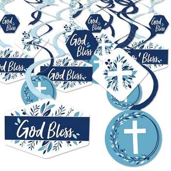 Big Dot of Happiness Blue Elegant Cross - Boy Religious Party Hanging Decor - Party Decoration Swirls - Set of 40
