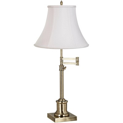 360 Lighting Traditional Swing Arm Desk Table Lamp Adjustable Height Antique Brass Imperial White Fabric Bell Shade Living Room