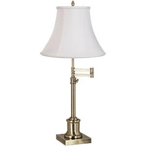 360 Lighting Traditional Swing Arm Desk Table Lamp Adjustable Height 36" Tall Antique Brass Imperial White Fabric Bell Shade Living Room - 1 of 4