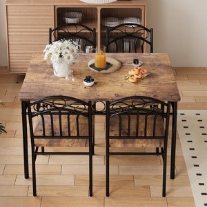 Dining Table Set of 4, Retro Industrial Dining Table & Chairs, Wood Table Chairs Set for Small Space, 1 Table + 4 Chairs (Rustic Brown) - 1 of 4