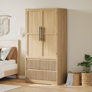 Bedroom Wooden Armoire Wardrobe Closet, Wardrobe Armoire Cabinet with 2  Doors and Drawers, Freestanding Armoire with Shelves & Hanging Rod - 1 of 4