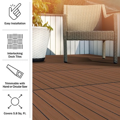Brown Woodgrain Composite Interlocking Outdoor Deck Tiles - 11.63" x 11.63"
