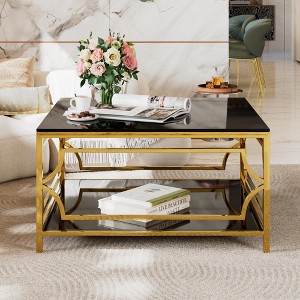 HTUTWOO 31.5" Brown Glass Coffee Table, Modern Cocktail Table Asymmetrical Metal, Circular Metal Drum Base With Lower Shelf For Living Room - 1 of 4