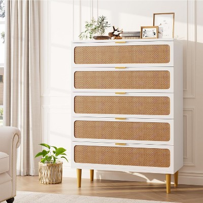 Rattan 5 Drawer Dressers for Bedroom, Tall Dresser with Deep Drawers