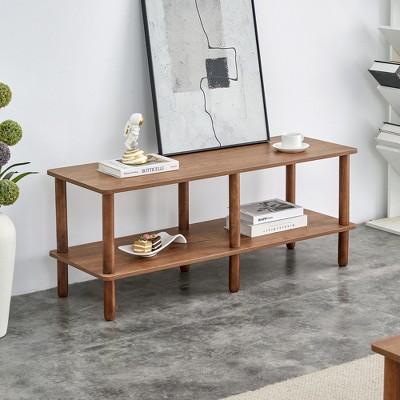 Modern 2-Tier Coffee Table for Living Room Furniture, Center Table with Open Storage Shelf, Rounded Rubberwood legs