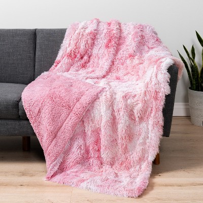 Pavilia Fluffy Faux Fur Reversible Throw Blanket For Bed Sofa And Couch Tie dye Pink throw 50x60 Target