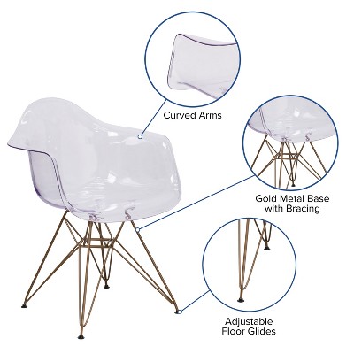 Clear Polycarbonate Side Chair with Gold Metal Base