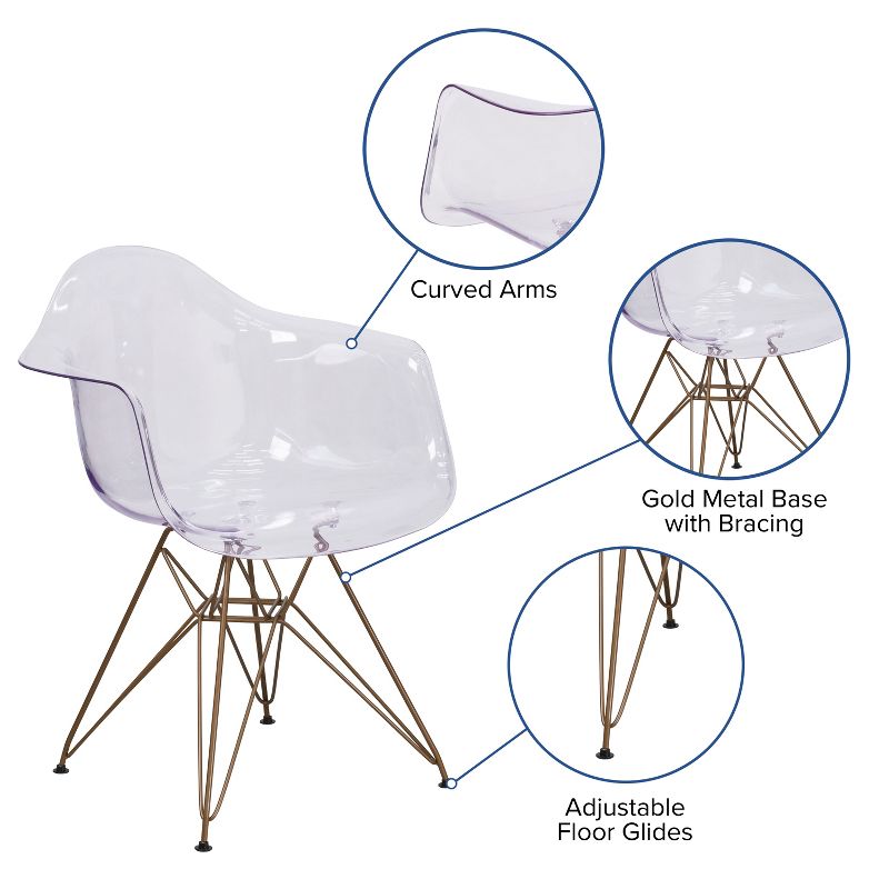Emma and Oliver Transparent Side Chair with Arms and Gold Base, 3 of 11